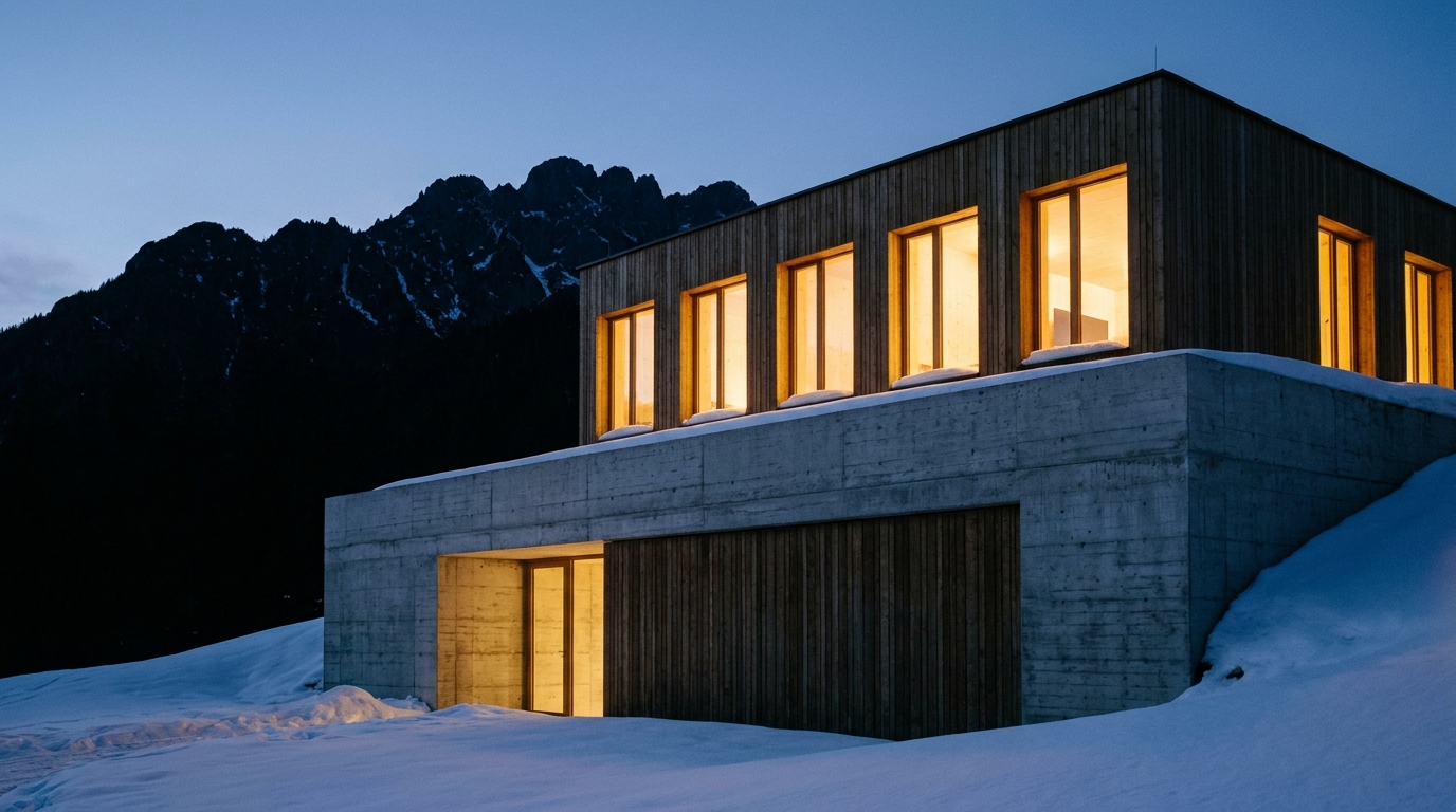 Berghaus Steinalm, deep snow at dusk