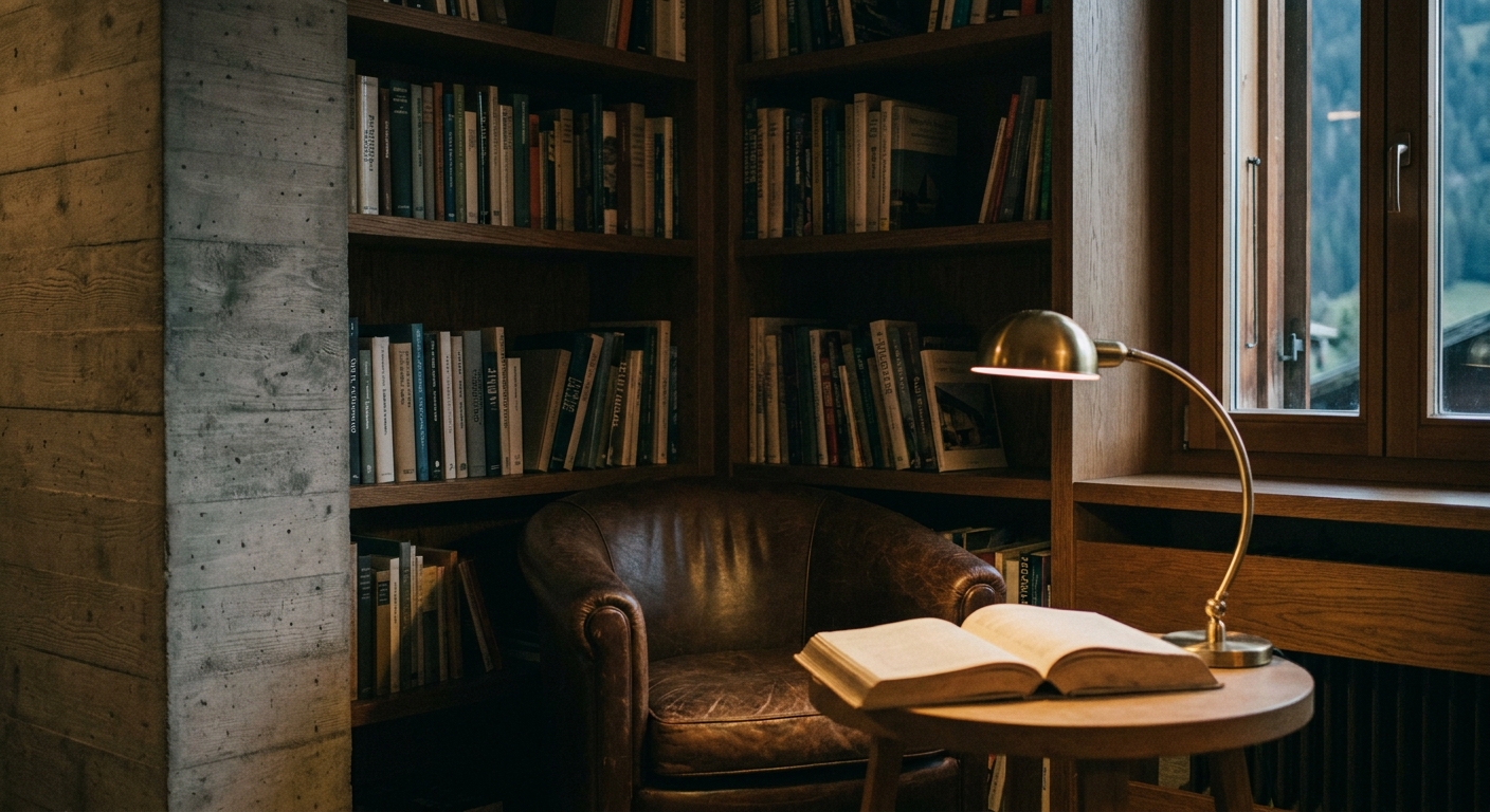 Library corner with brass reading lamp