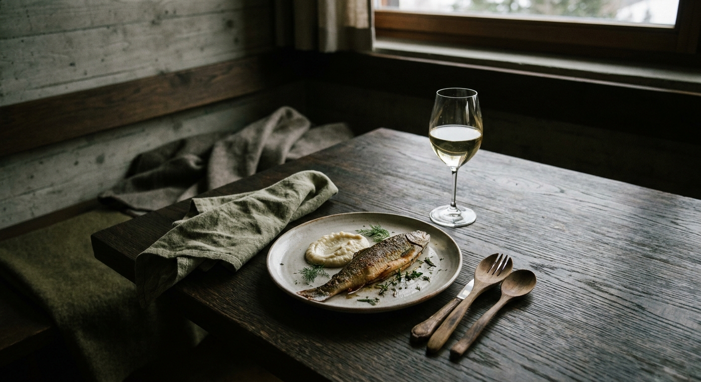Set table with trout and white wine
