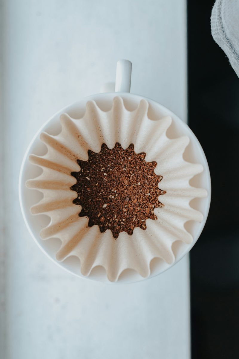 Fresh grounds in a Kalita Wave filter from above