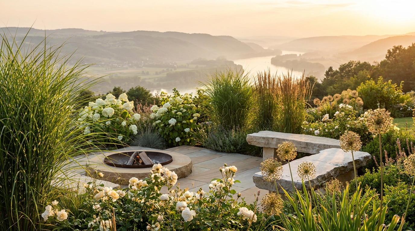 Terrassengarten mit Donau-Blick im warmen Abendlicht