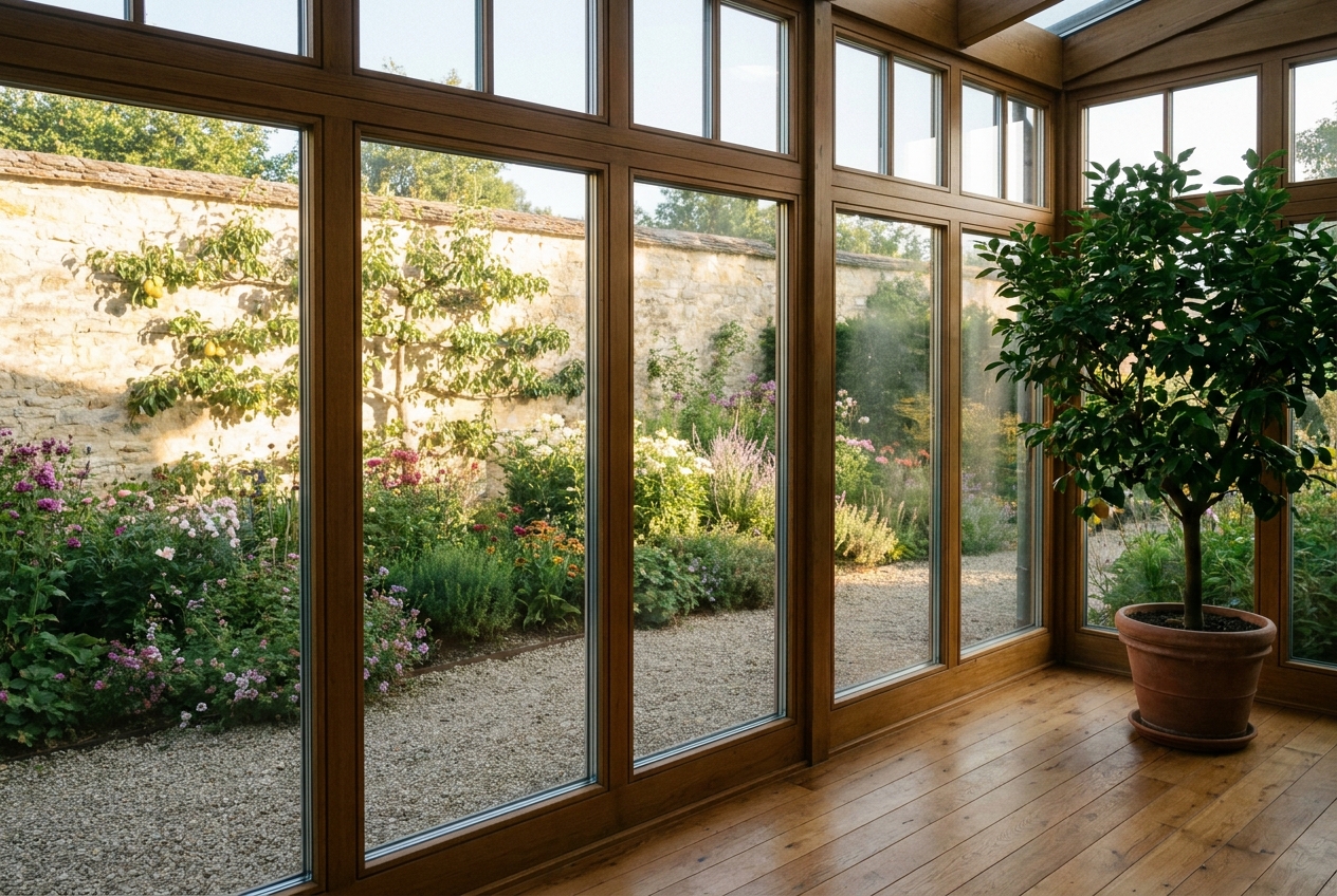 Glasveranda mit Blick in einen ummauerten Garten