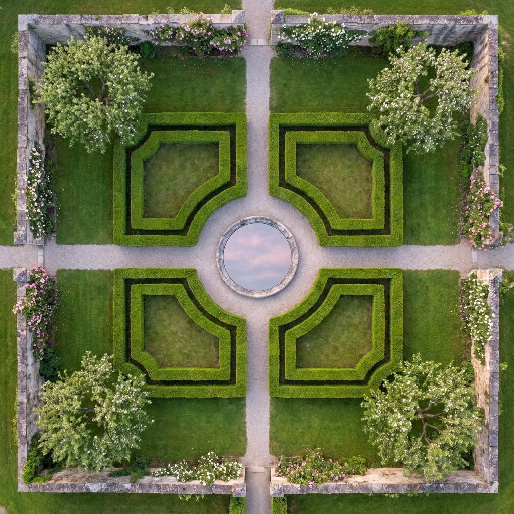 Formales Buchsparterre mit rundem Brunnen, aus der Luft