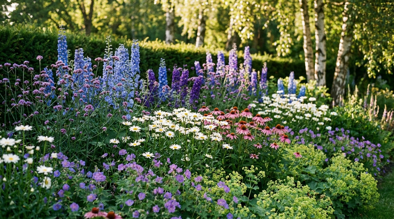 Staudenbeet mit Delphinium, Echinacea und Birken
