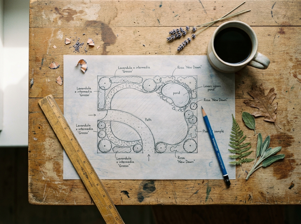 Gartenentwurf auf Papier, Bleistift und Lineal auf Holztisch