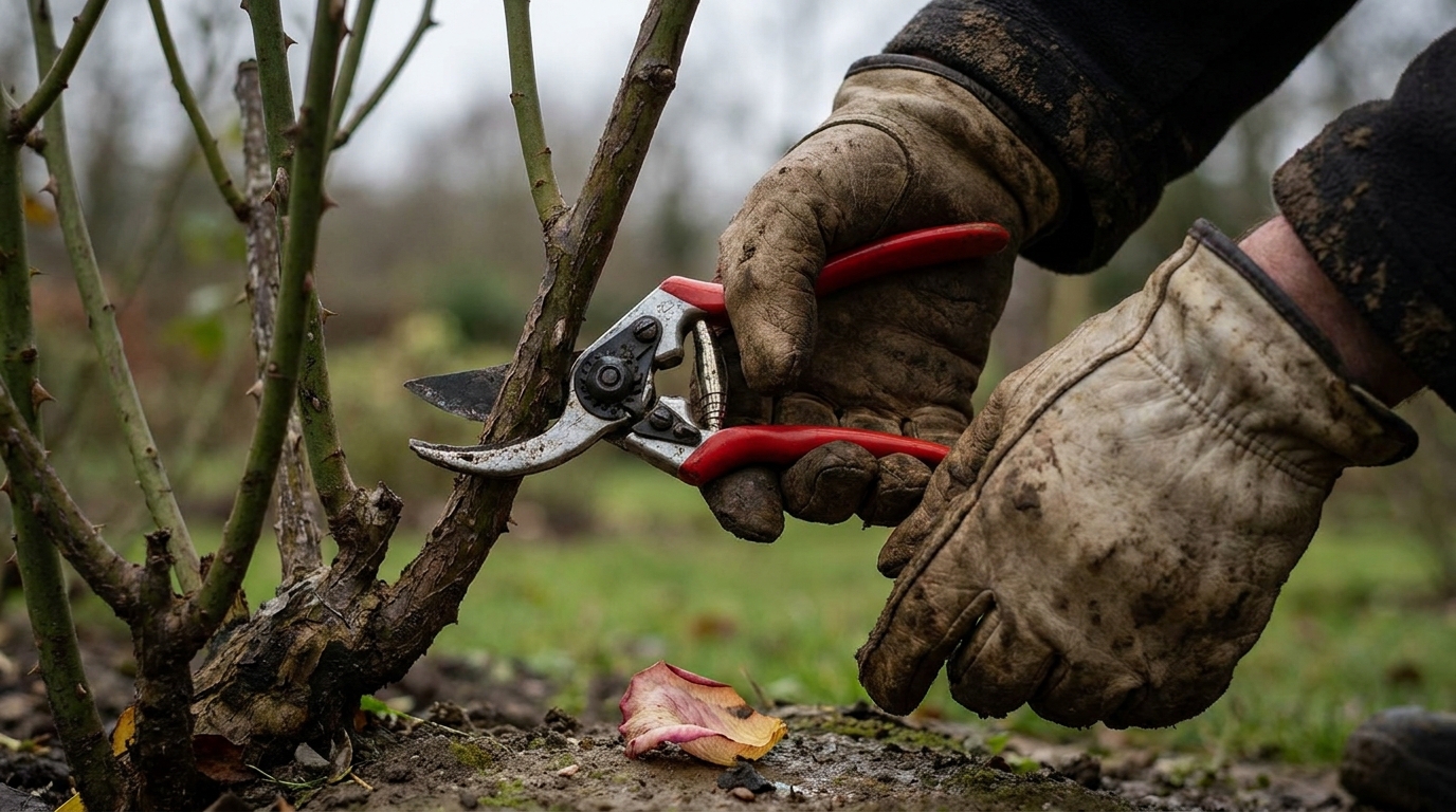 Hände mit Lederhandschuhen beim Rosenschnitt