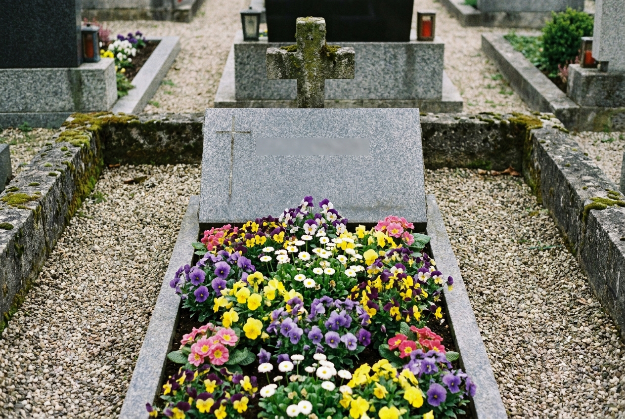 Frisch bepflanztes Grab mit Pansies, Granitkreuz und Kies