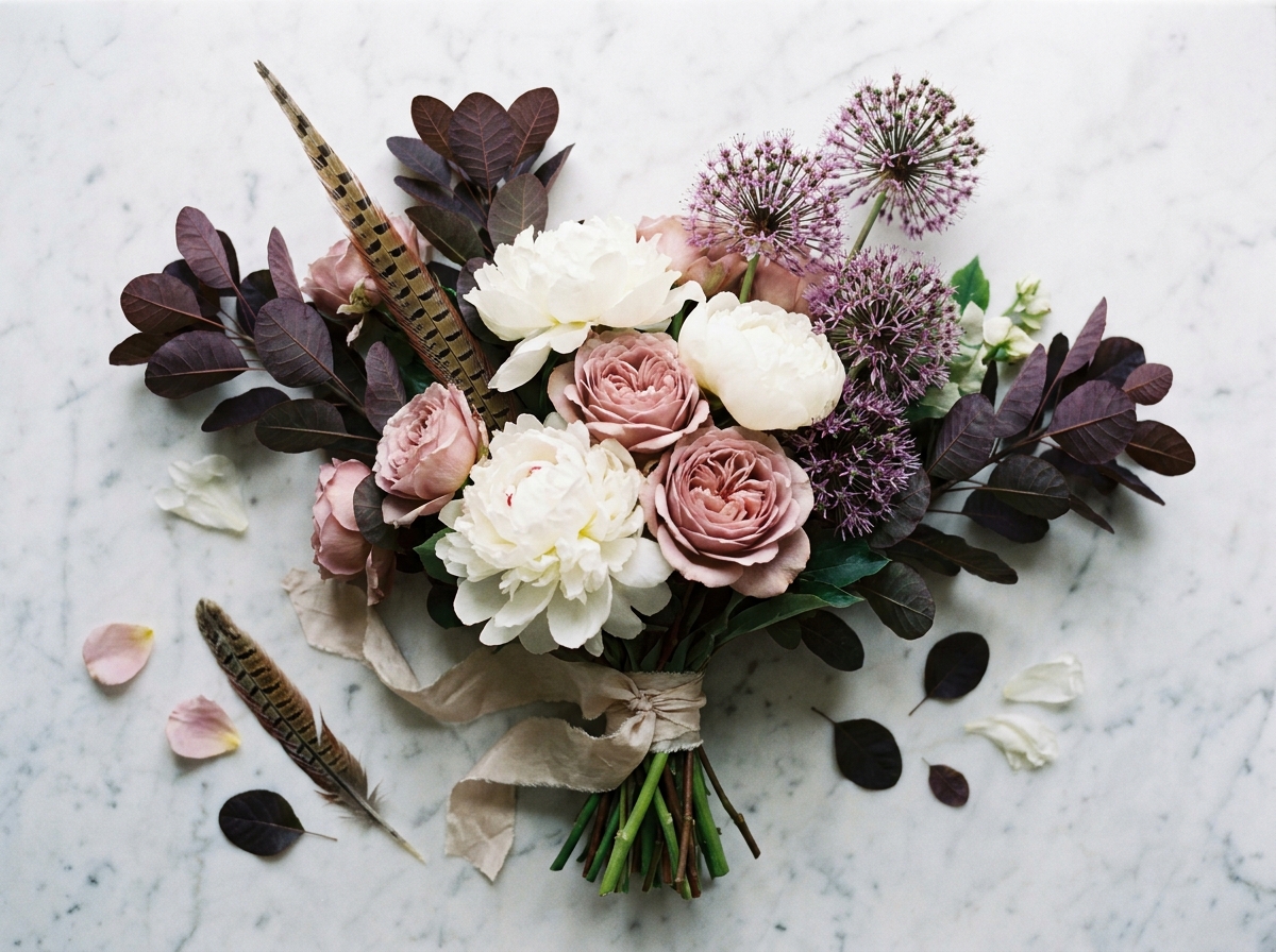 Frühlingsstrauß mit Pfingstrosen, Alliumblüten, Rosen auf Marmor